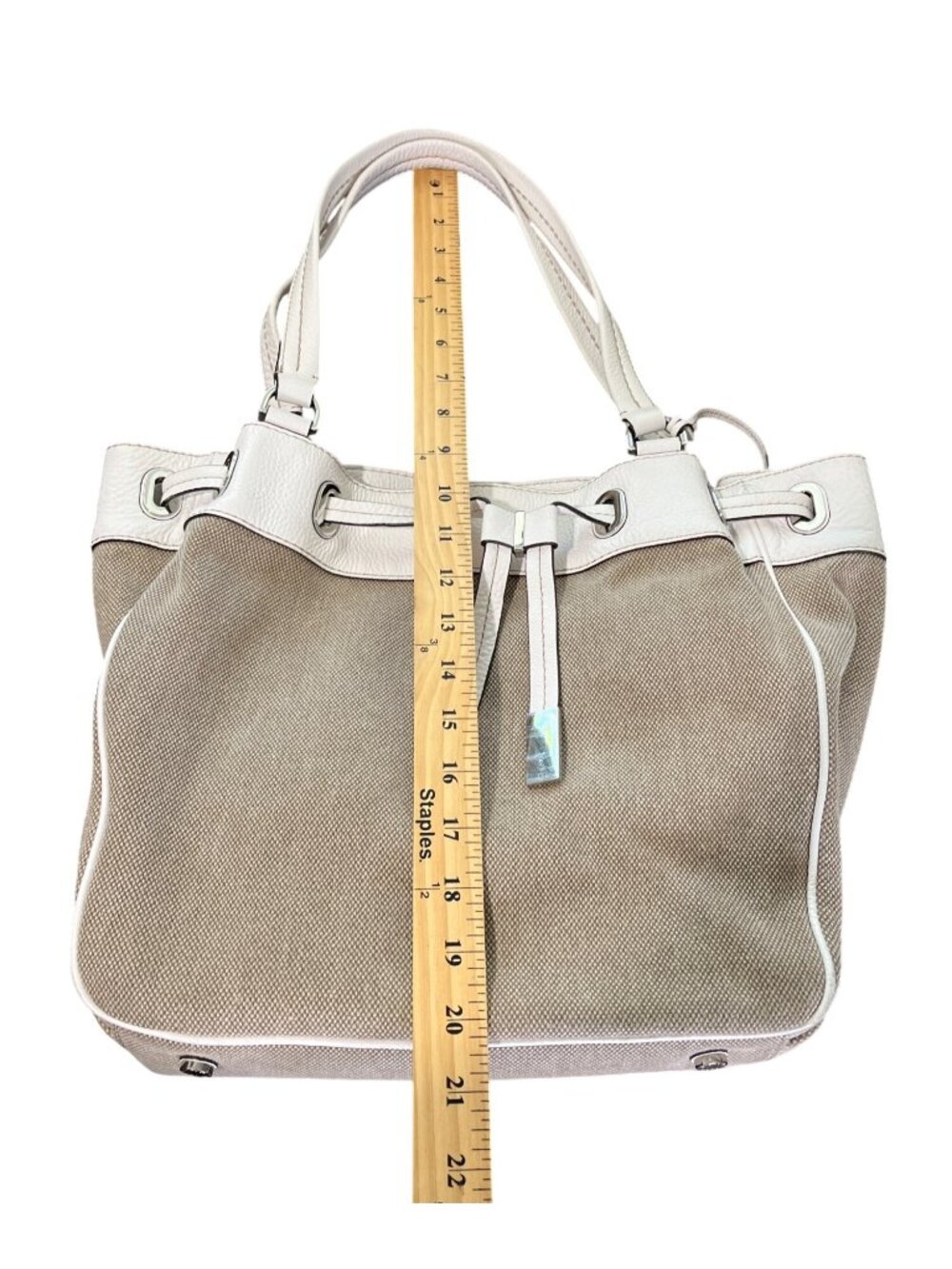 Michael Kors Canvas Leather Bucket Bag Tan White Drawstring Close Tote Dust-Bag - Picture 6 of 7